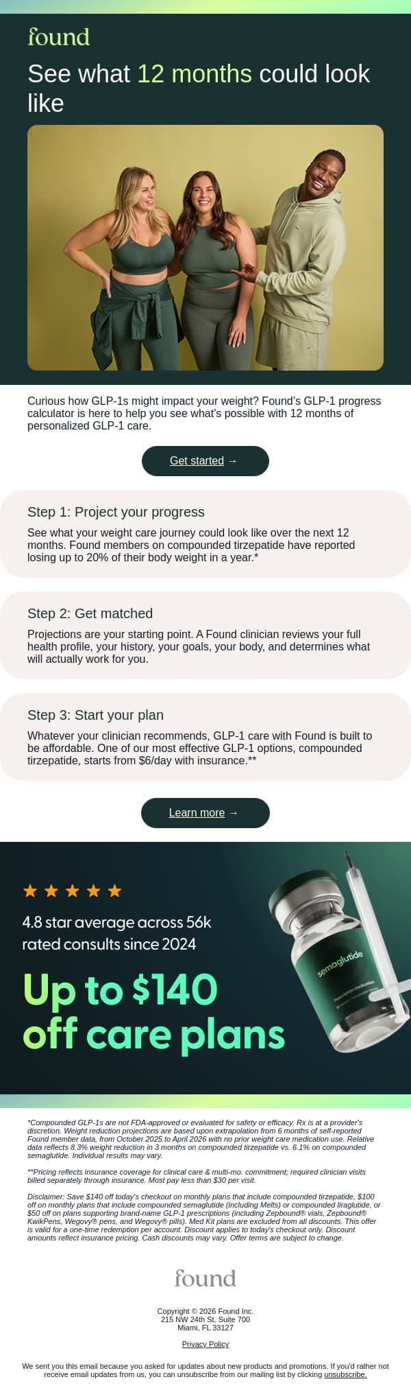 Curious about personalized GLP-1 care? Calculate your potential progress email from Found screenshot