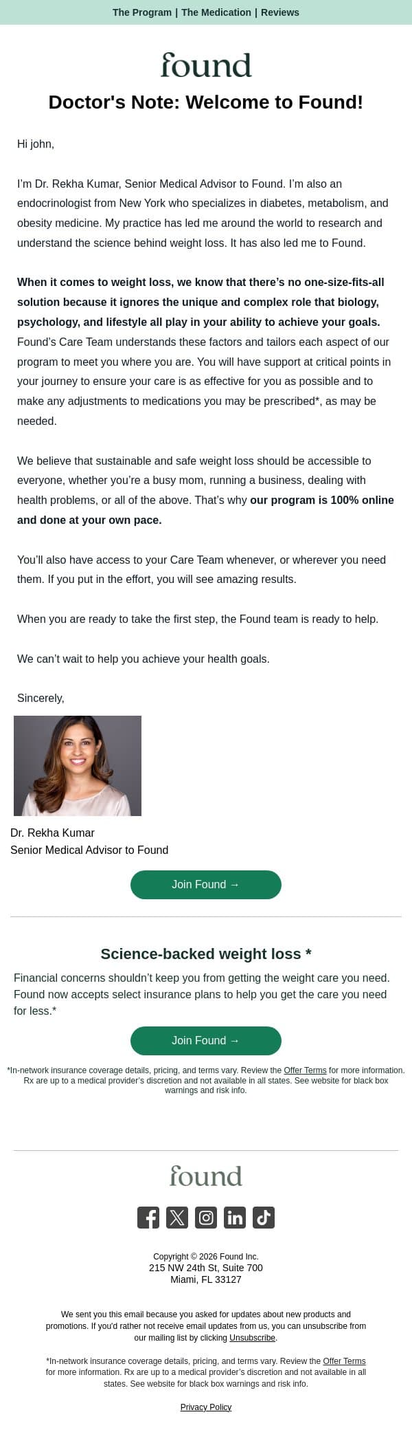 Real medical care, clear pricing email from Found screenshot
