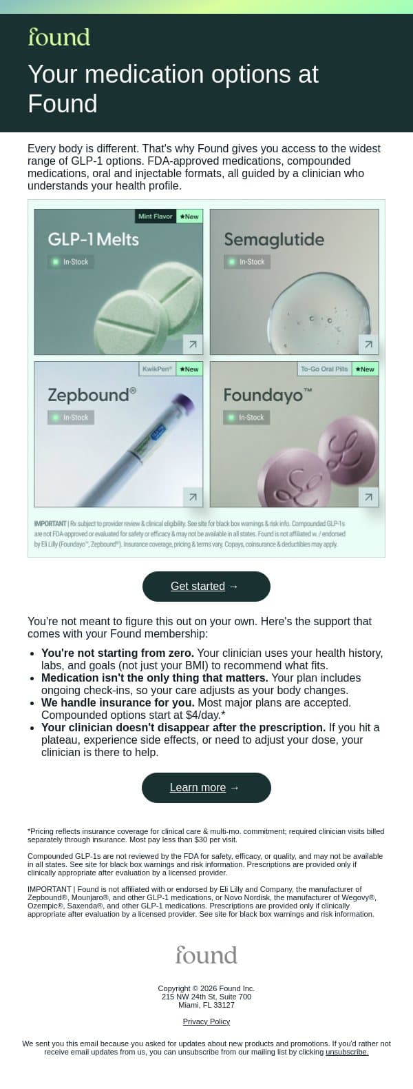FDA-approved and compounded GLP-1s all in one place email from Found screenshot