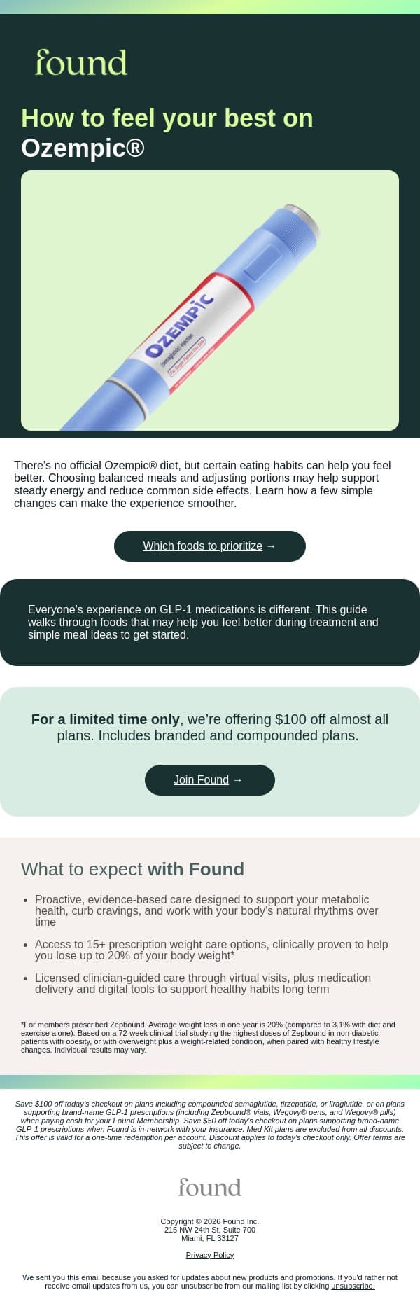 How to feel your best on Ozempic® email from Found screenshot