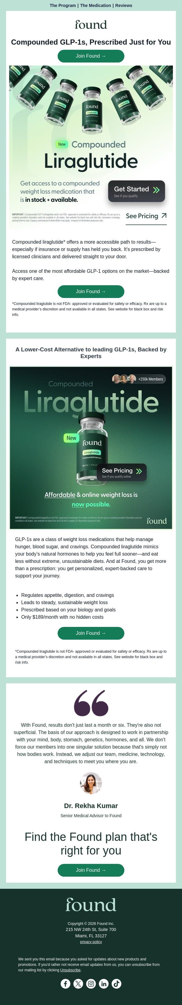 Hello Compounded Liraglutide email from Found screenshot