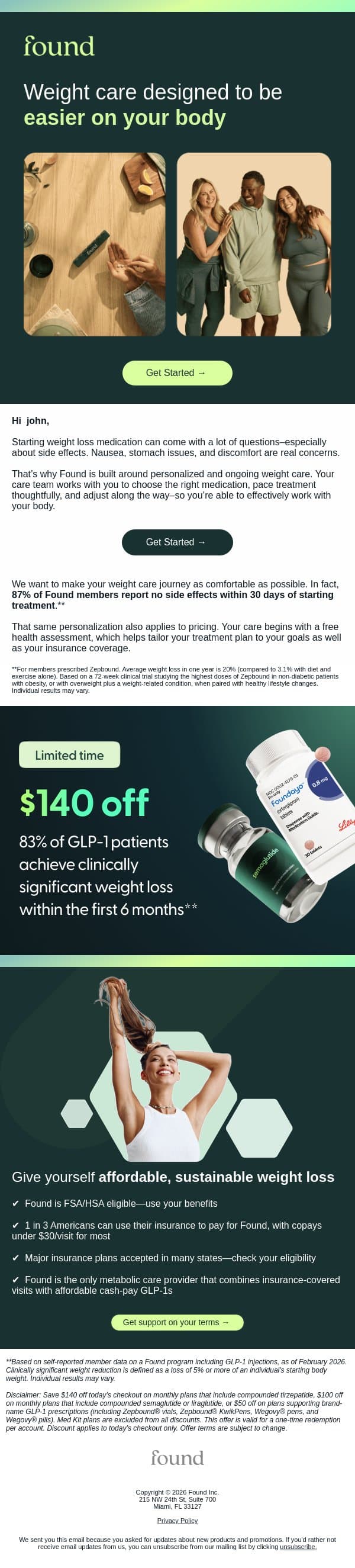 Weight care that’s easy on your body, and easier on your wallet. email from Found screenshot