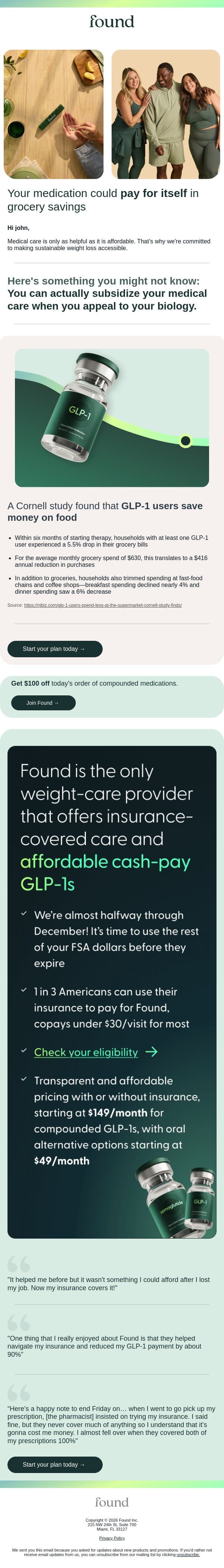 GLP-1 users save $416/year on groceries email from Found screenshot