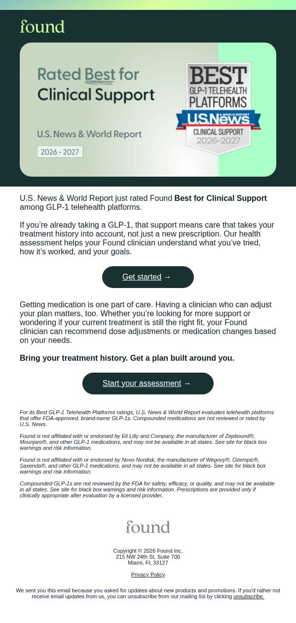Switching GLP-1 providers? Found stands out for clinical support email from Found screenshot