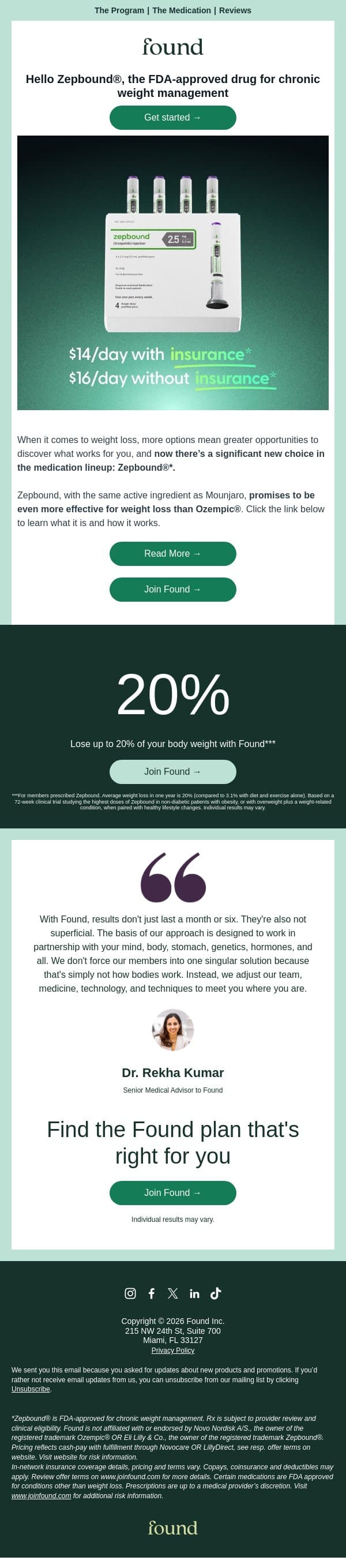 Zepbound® - Affordable FDA-Approved Treatment from $14/Day email from Found screenshot