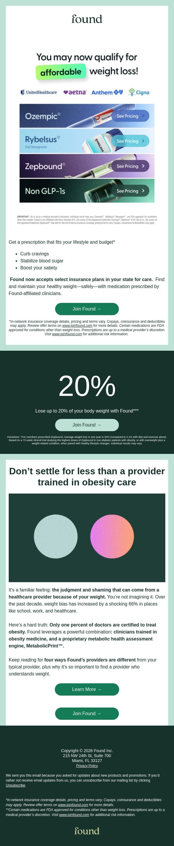 Meaningful health outcomes just got more affordable in your state! email from Found screenshot