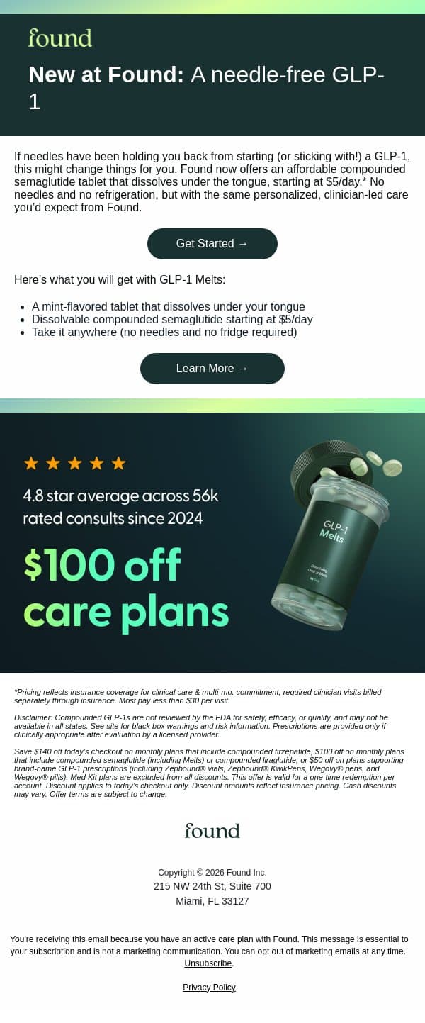 Have you heard? A GLP-1 that melts. No needles required. email from Found screenshot