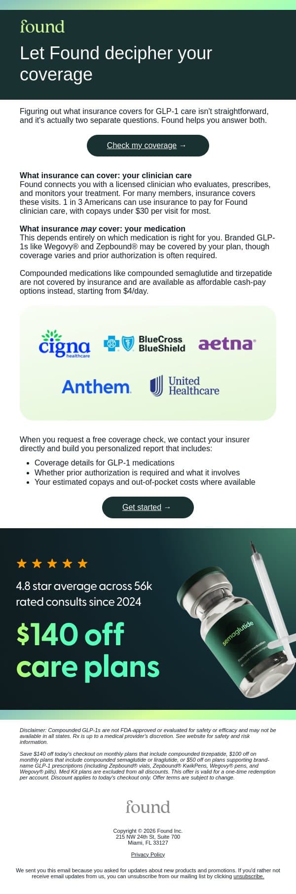 What does insurance actually cover for GLP-1s? email from Found screenshot