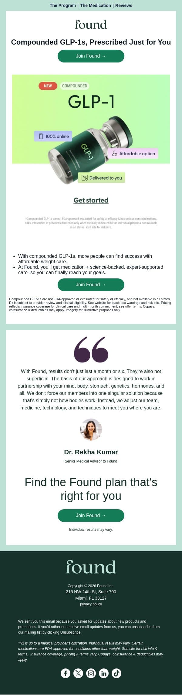 GLP-1 care, now starting at just $5/day + visit copay email from Found screenshot