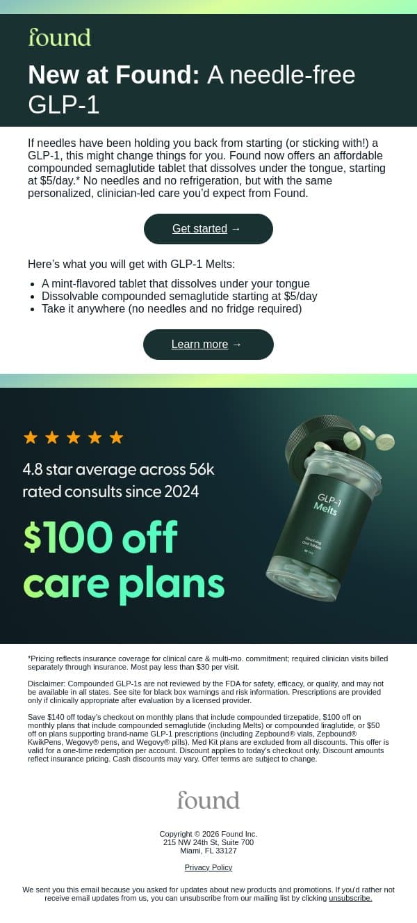 New: A GLP-1 that melts, no needles required email from Found screenshot