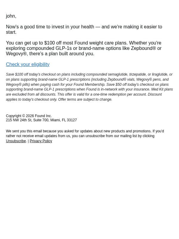 Save up to $100 on GLP-1 medications email from Found screenshot