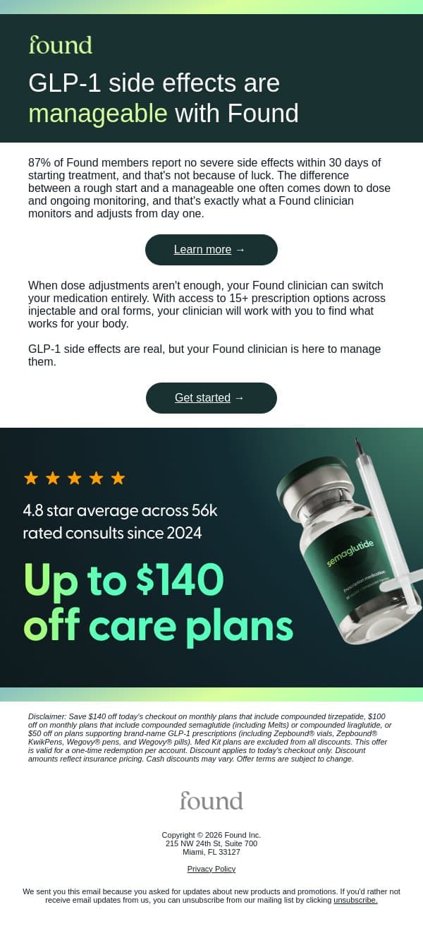 87% of members report no side effects in month 1 with Found email from Found screenshot