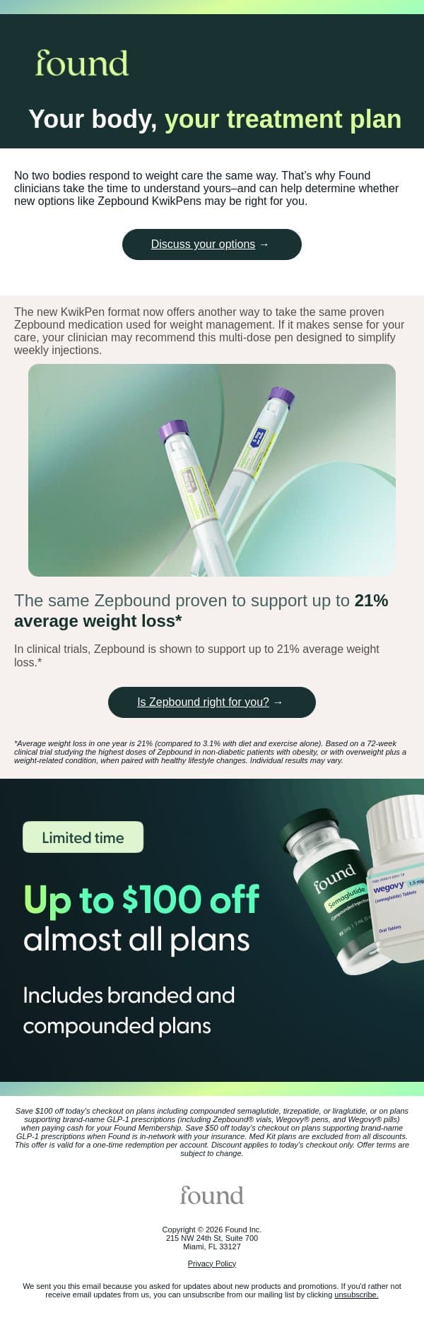 Your body, your treatment plan email from Found screenshot