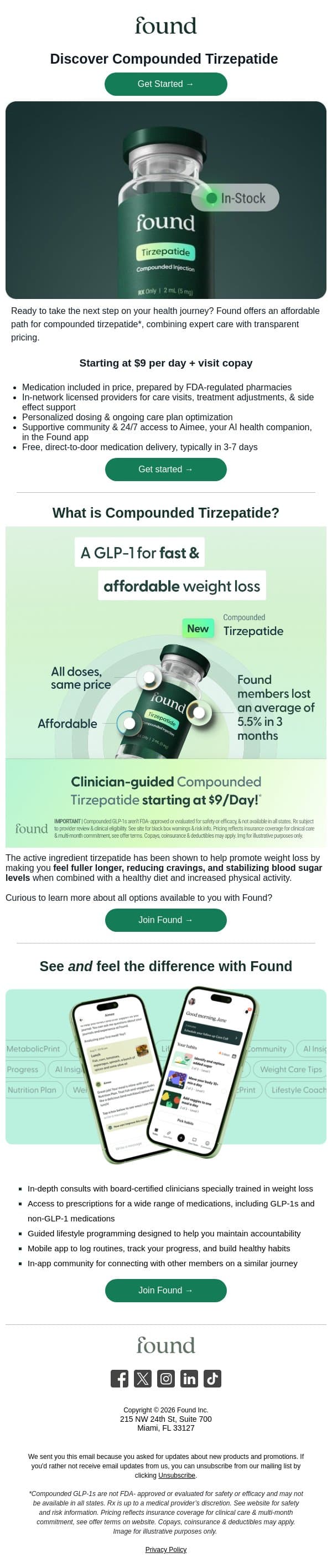 Explore this weight loss care option email from Found screenshot