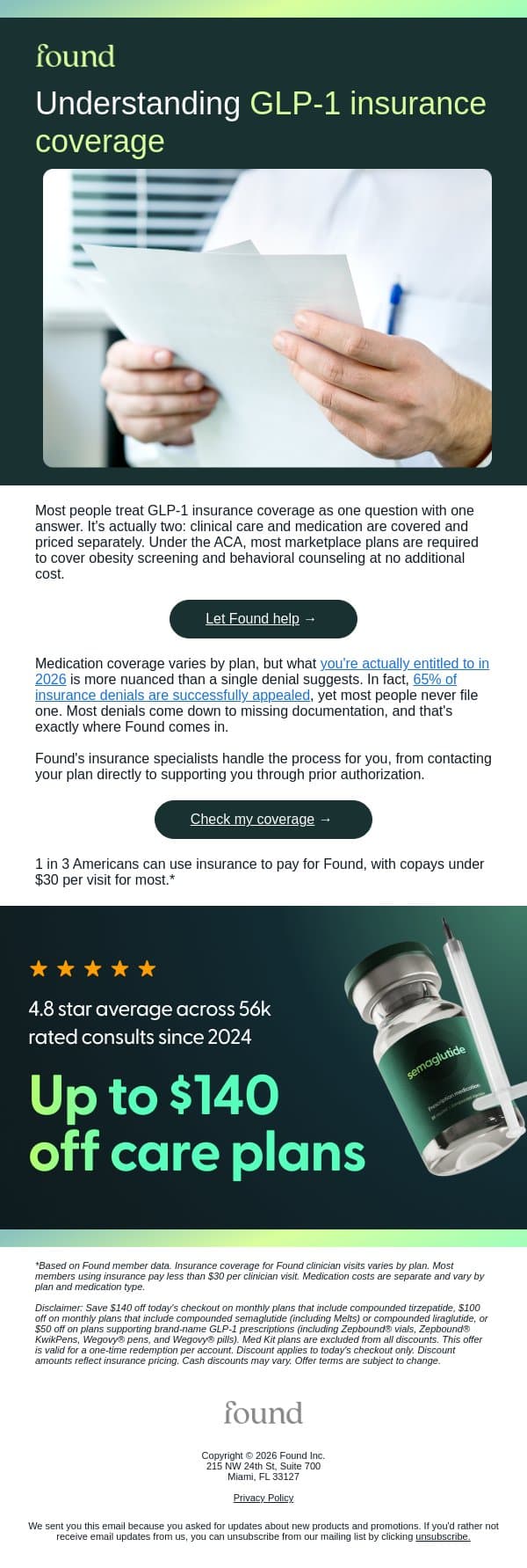 GLP-1 insurance coverage is more nuanced than you think email from Found screenshot