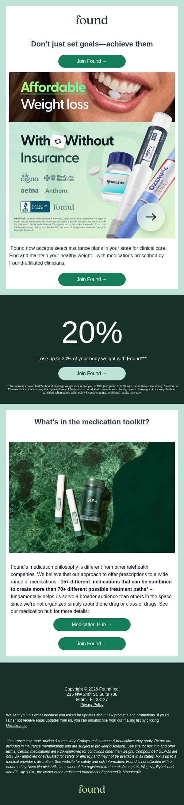 Doctor-designed weight loss, insurance-backed care* email from Found screenshot