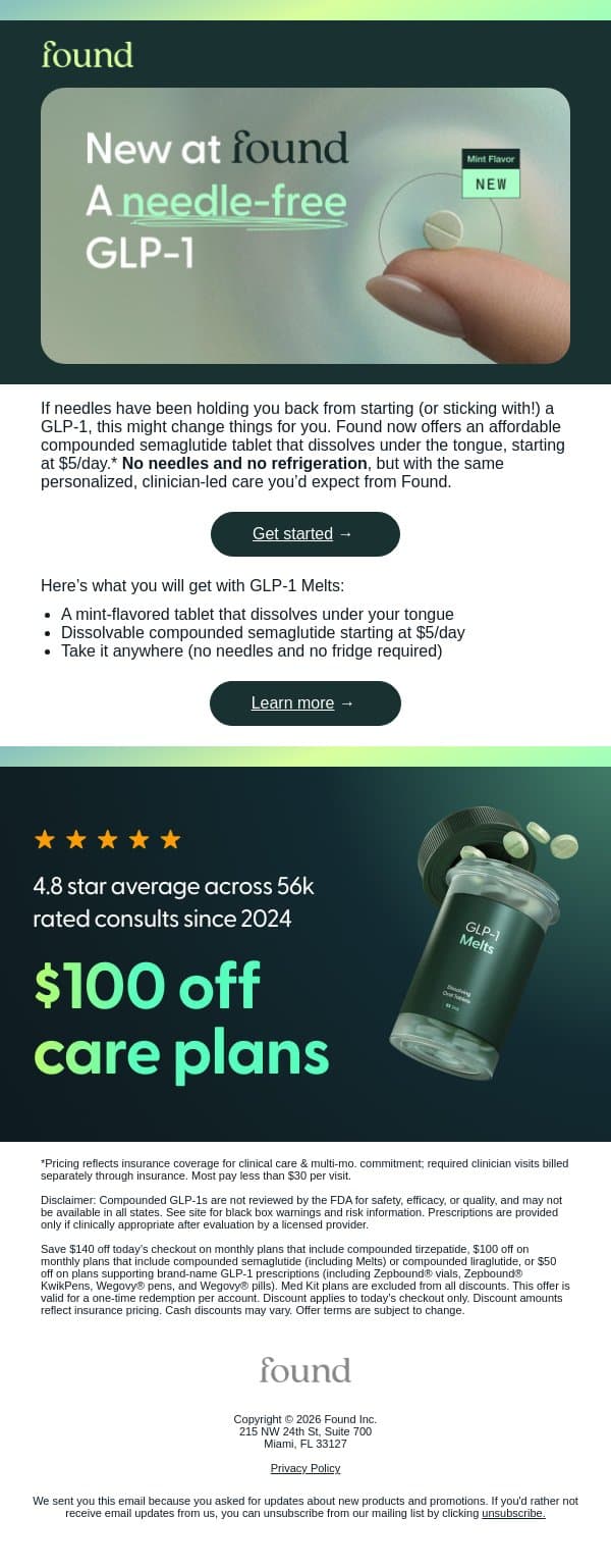 Take your GLP-1 anywhere (no needles, no fridge) email from Found screenshot