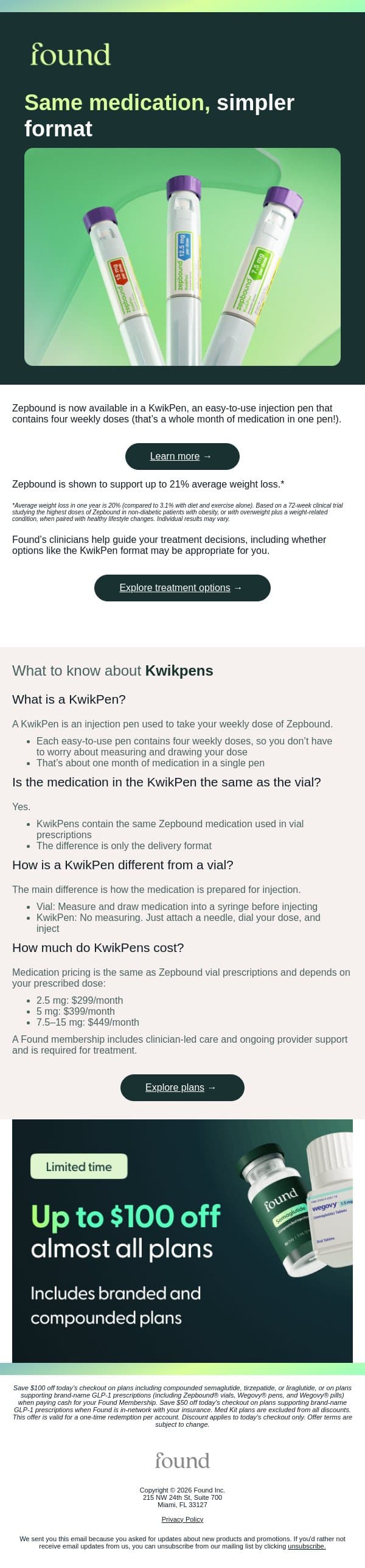 New at Found: Zepbound KwikPens email from Found screenshot