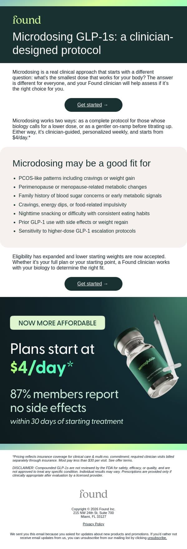 Microdosing GLP-1s is a legitimate treatment path email from Found screenshot