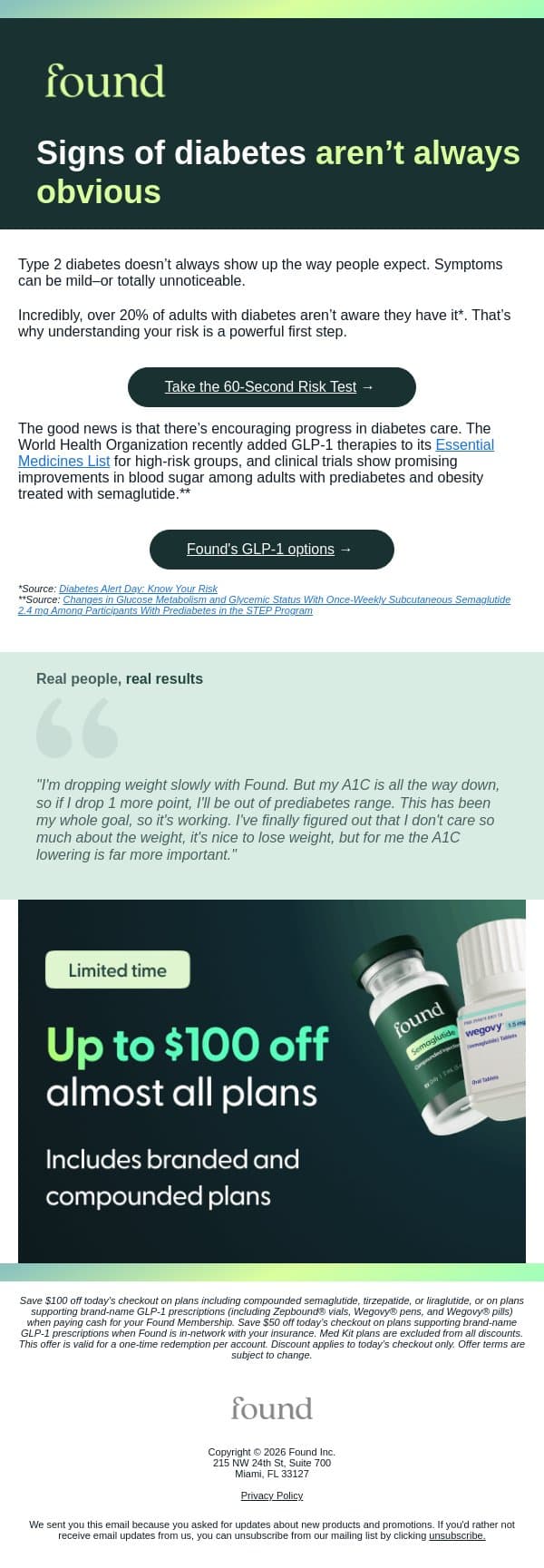 This American Diabetes Alert Day, don’t ignore the signs email from Found screenshot