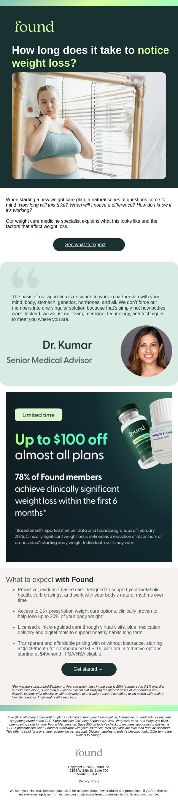 Wondering when your weight care efforts will be noticeable? email from Found screenshot