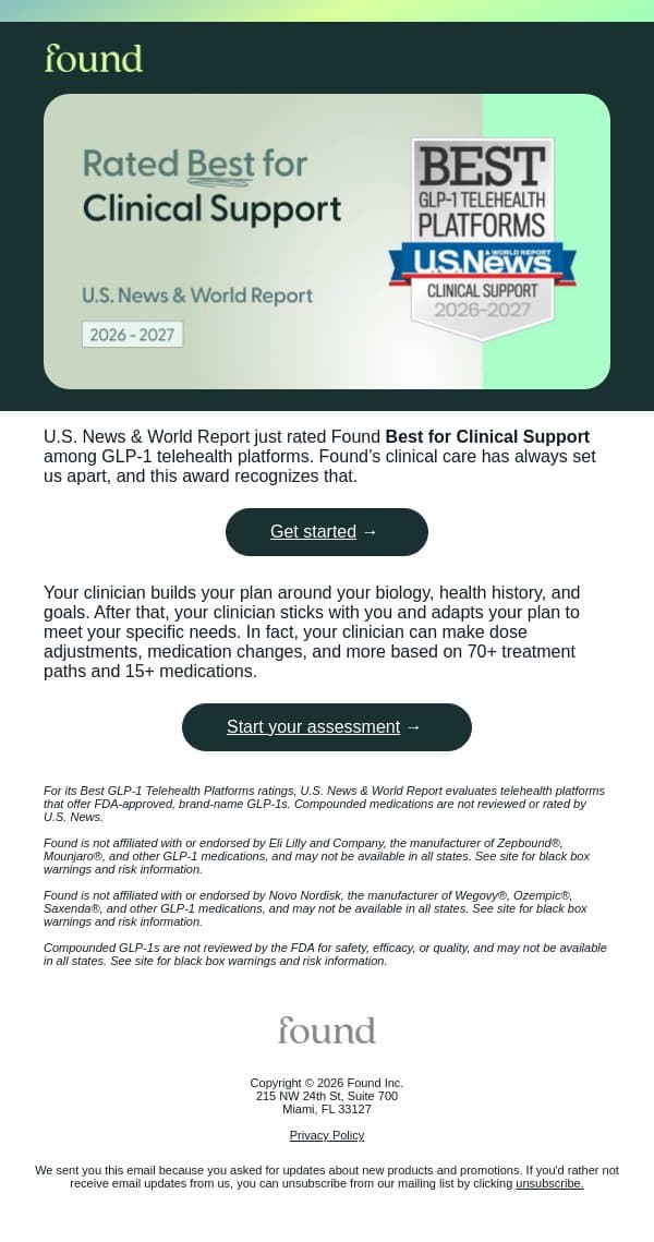 🎉 Rated Best for Clinical Support by U.S. News email from Found screenshot