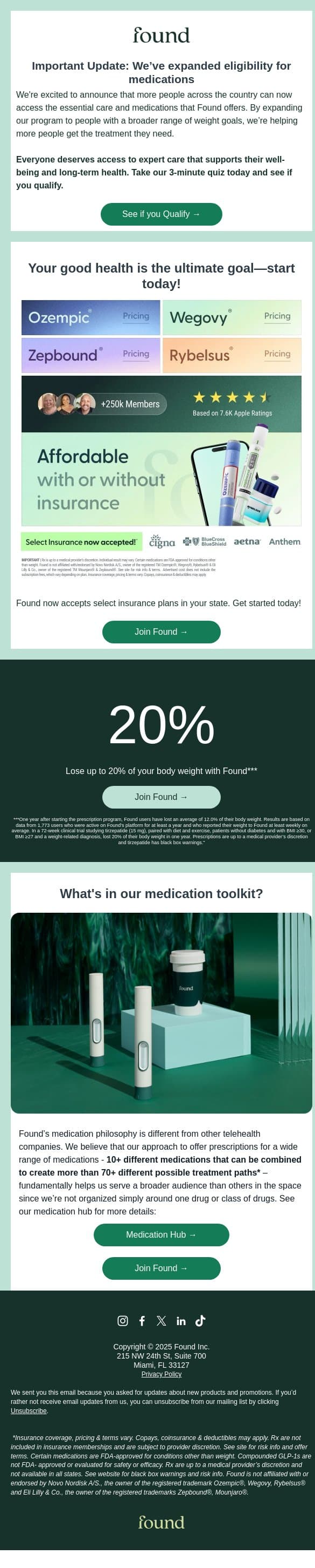 Important Update: We’ve expanded eligibility for medications email from Found screenshot