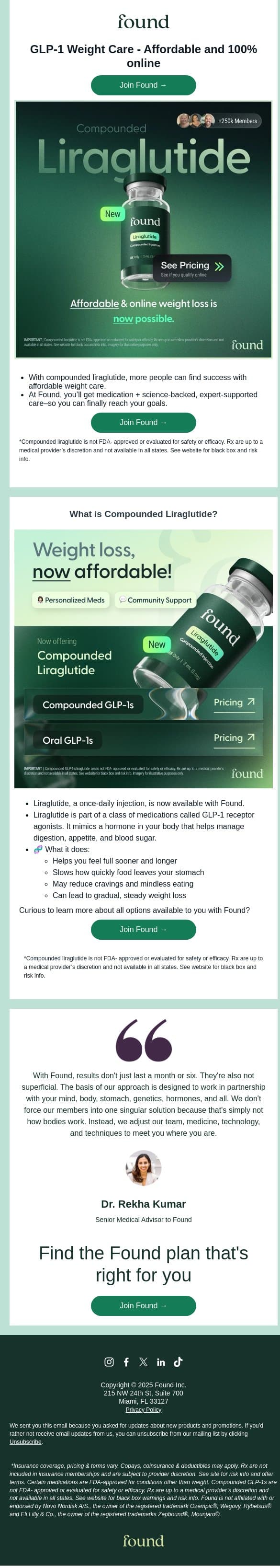 Introducing - Compounded Liraglutide through Found email from Found screenshot