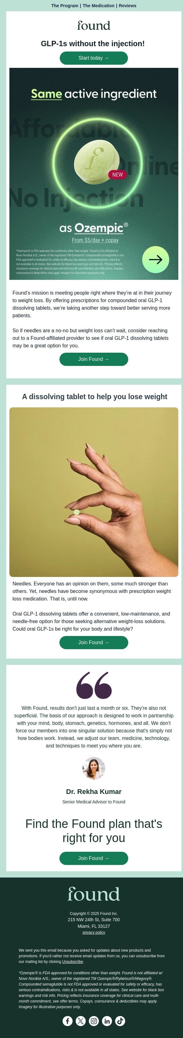 Discover: Same active ingredient as Ozempic from $5/day. email from Found screenshot