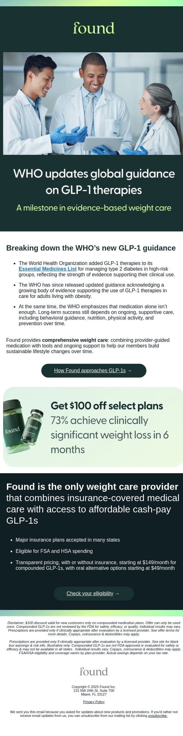 WHO adds GLP-1s to Essential Medicines List email from Found screenshot
