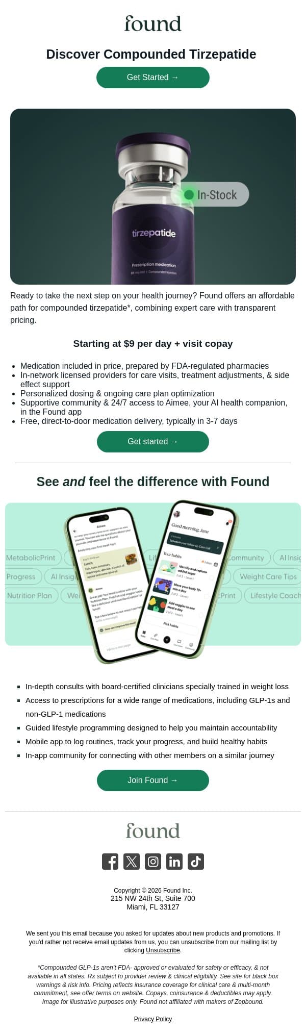 Compounded Tirzepatide for Weight Loss email from Found screenshot