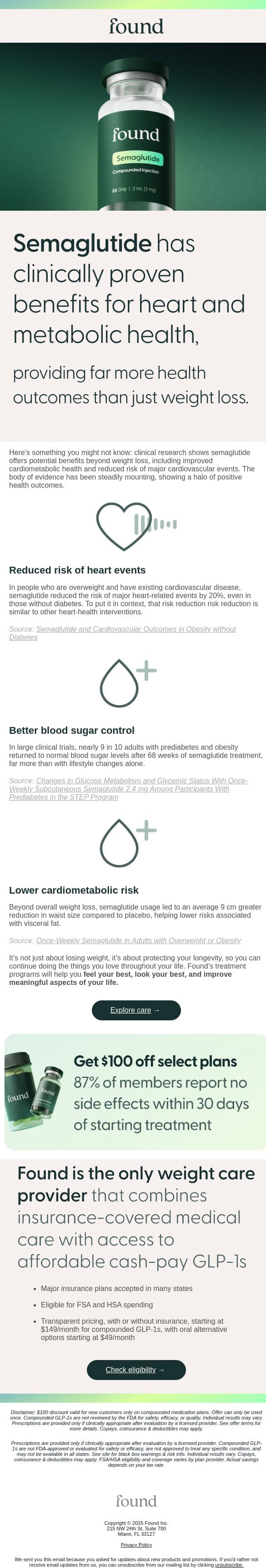 Semaglutide supports cardiometabolic health email from Found screenshot