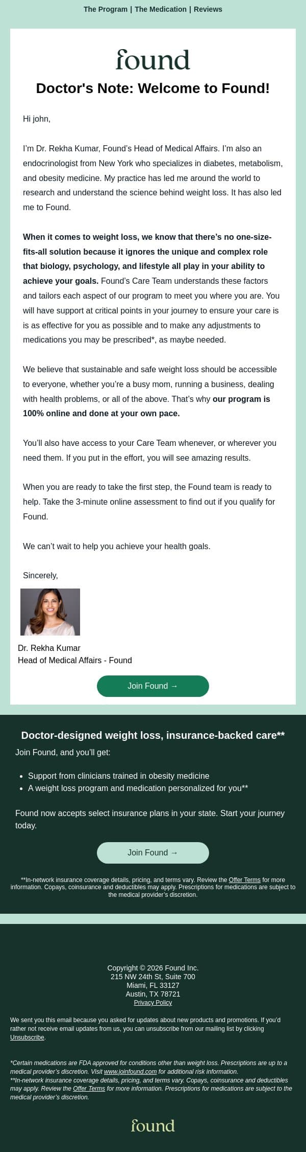 Dr. Rekha Kumar is thinking about your progress email from Found screenshot