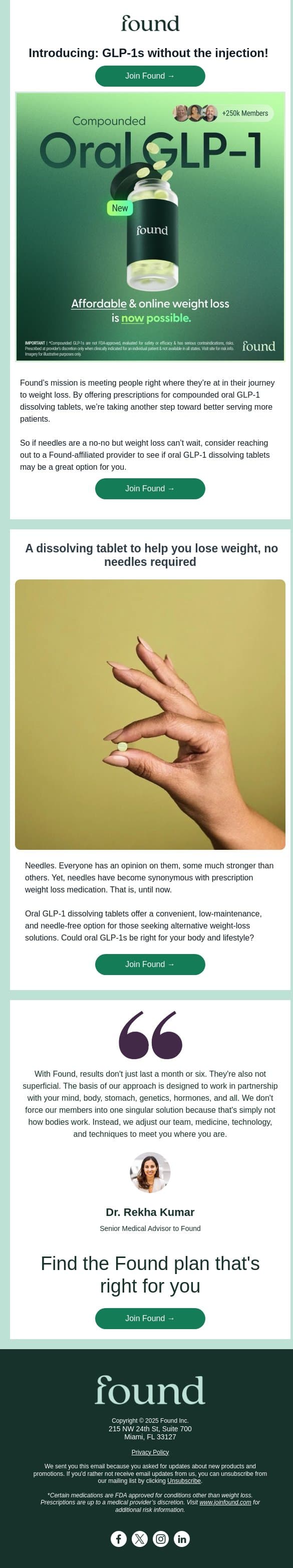 Hello GLP-1s without the injection! email from Found screenshot