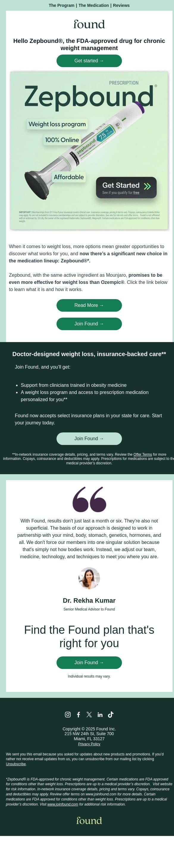 Discover Zepbound®, the FDA-approved drug for chronic weight management email from Found screenshot