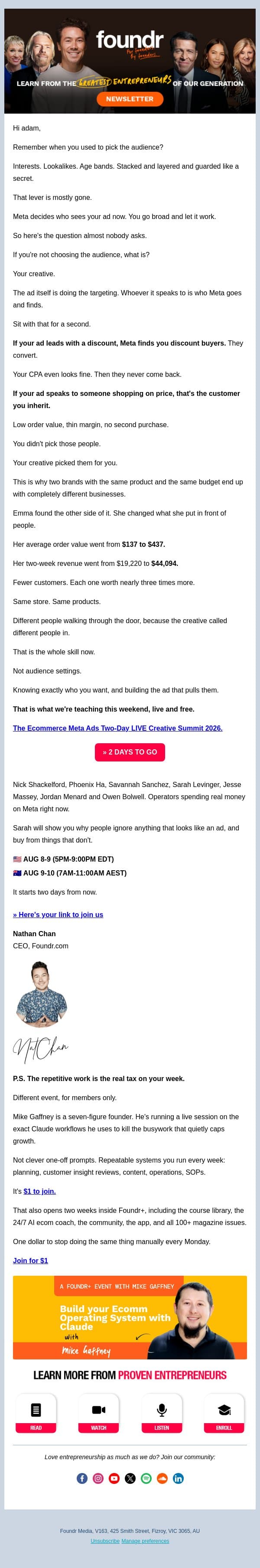 Meta picks the audience now. You pick something bigger. email from Foundr screenshot