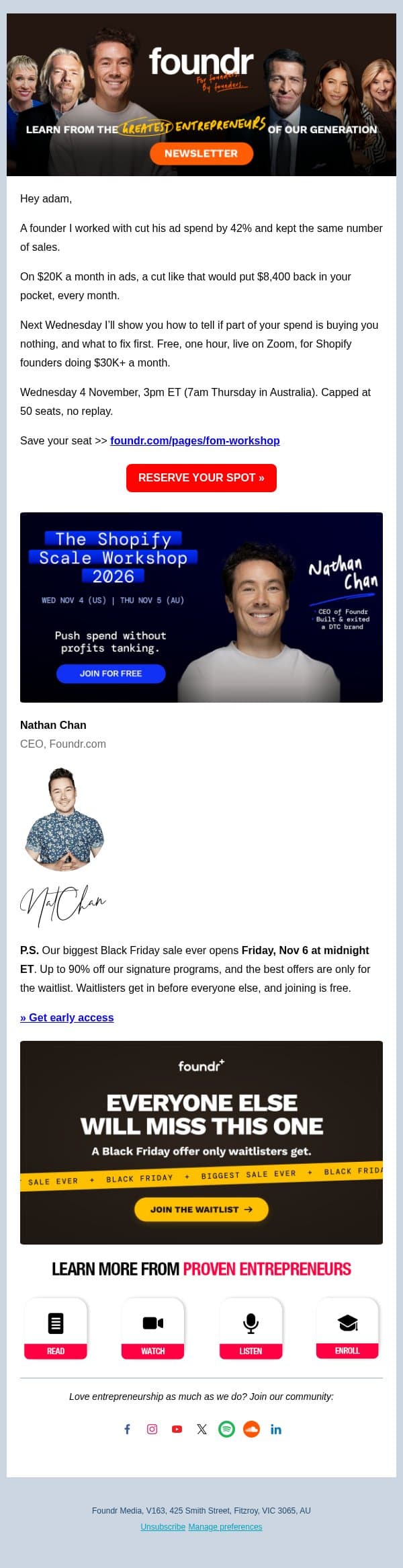 how to cut ad spend 42% without losing sales email from Foundr screenshot