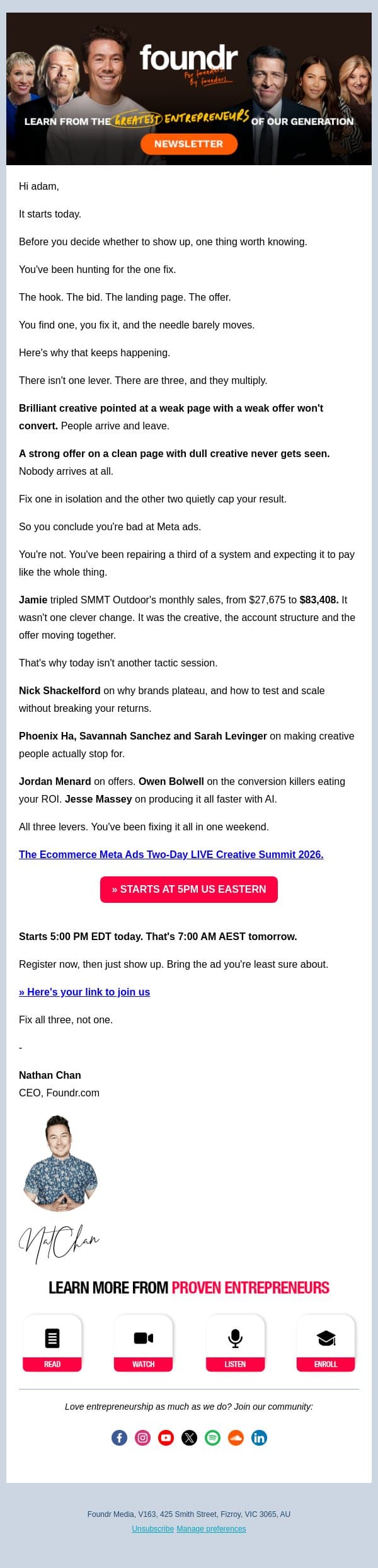Last call for the Ecommerce Meta Ads Creative Summit 2026 email from Foundr screenshot