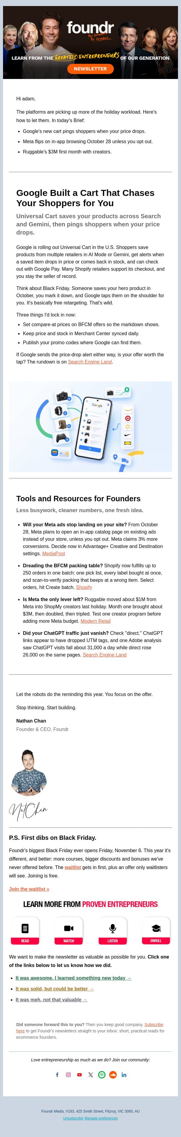 Google's new cart chases your shoppers for you email from Foundr screenshot