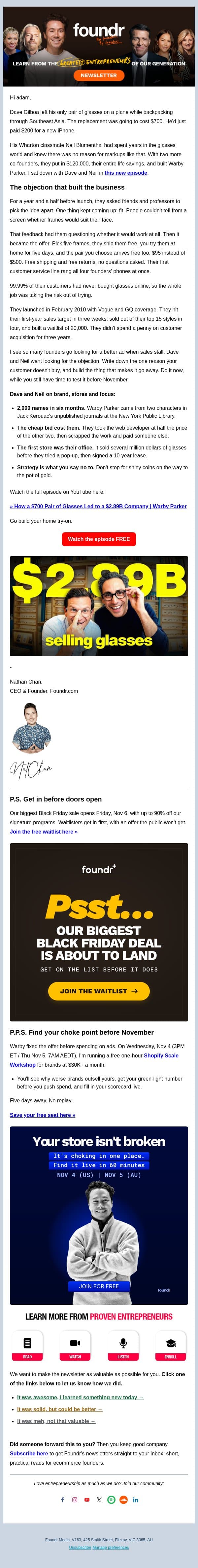 [VIDEO] How a $700 pair of glasses led to a $2.89B company email from Foundr screenshot