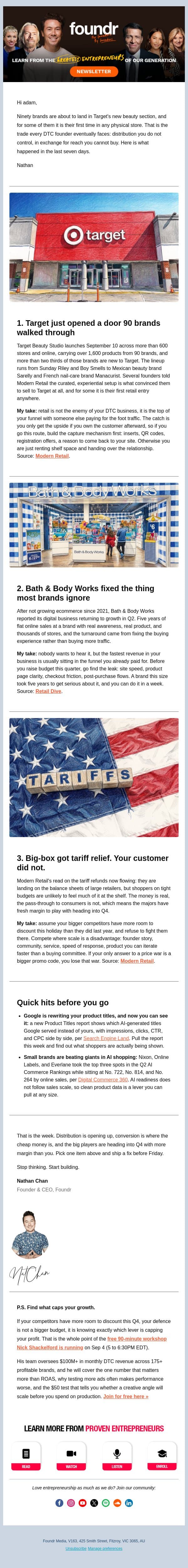 Big-box got tariff relief. Your customer did not. email from Foundr screenshot