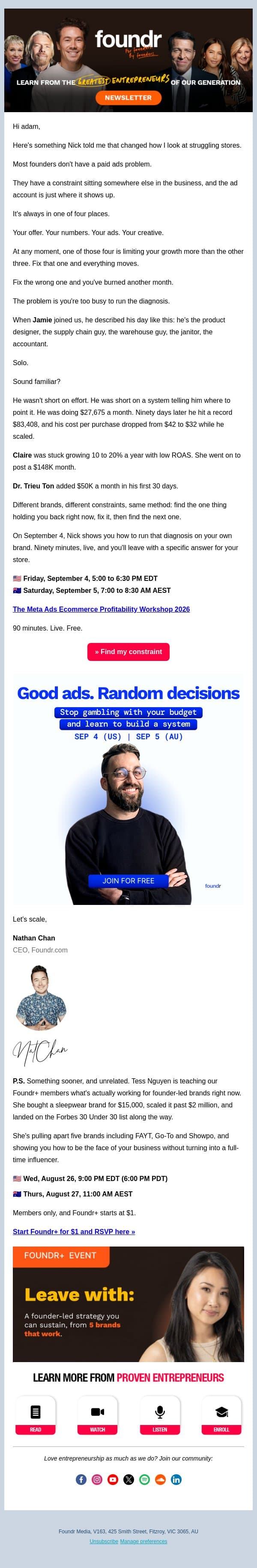 You don't have an ads problem email from Foundr screenshot