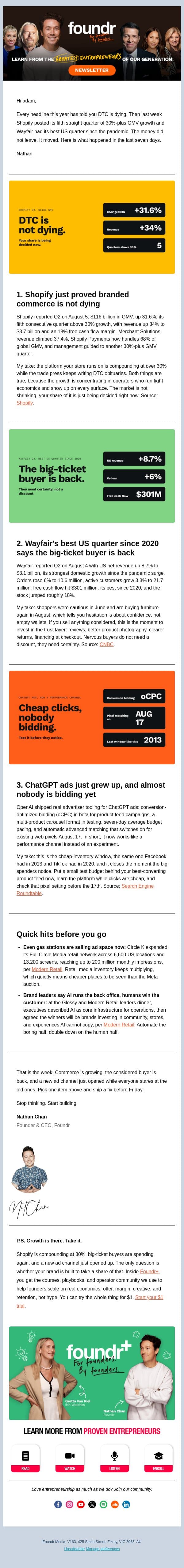 Everyone says DTC is dying. Shopify disagrees. email from Foundr screenshot