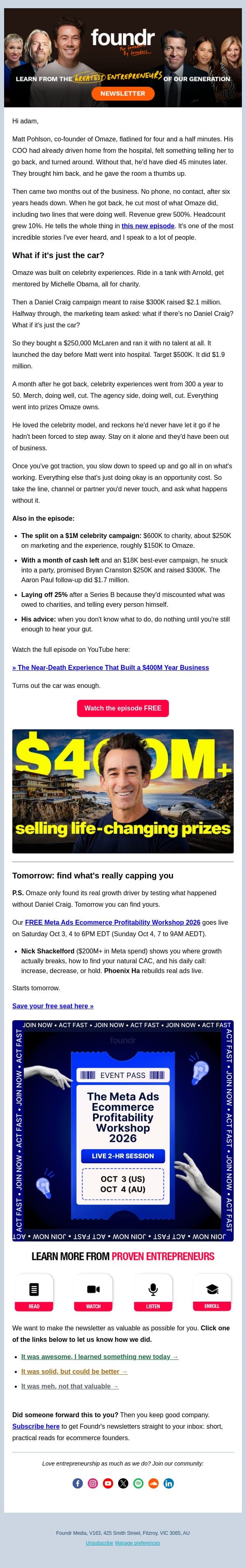 [VIDEO] The near-death experience that built a $400m year business email from Foundr screenshot