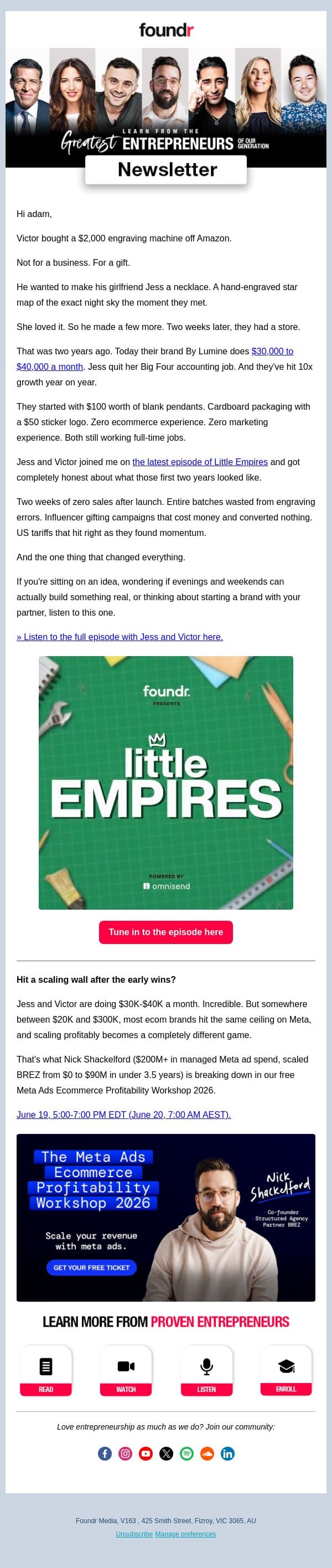 Jess & Victor started a Jewellery brand with $2,000 - now it brings in $40k a month email from Foundr screenshot