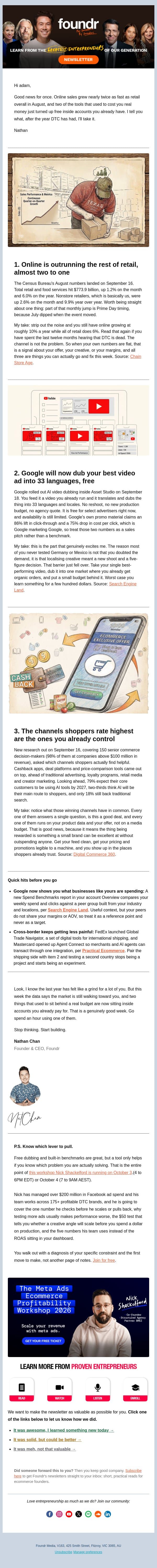 Online grew 10%. Retail grew 6. email from Foundr screenshot