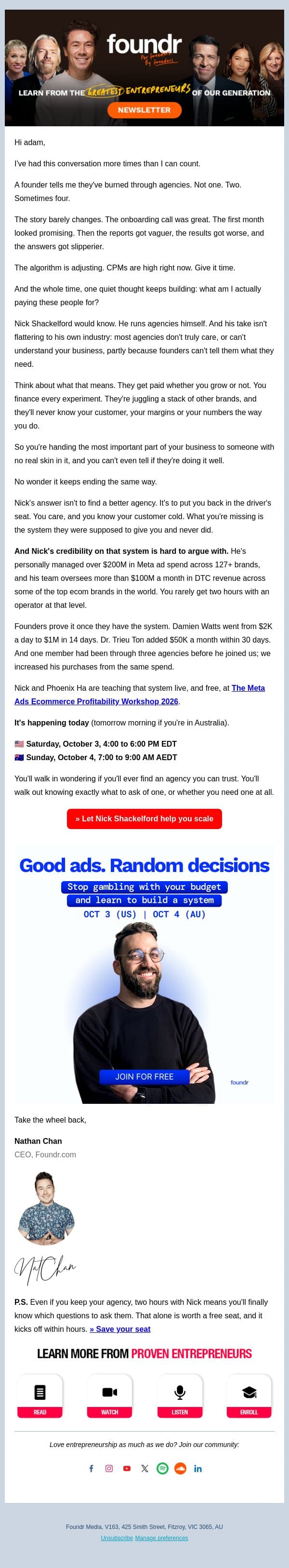 Nick runs agencies. Here's what he told me about them. email from Foundr screenshot