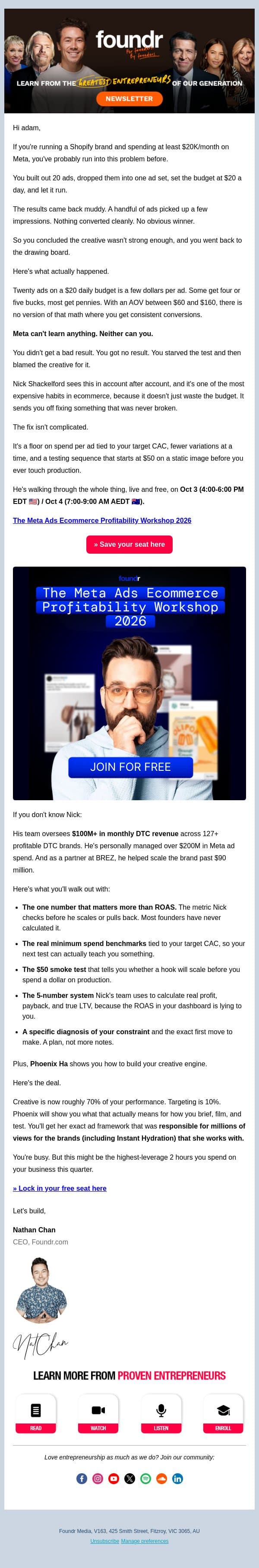 Brand new Meta ad workshop for ecom owners :) email from Foundr screenshot
