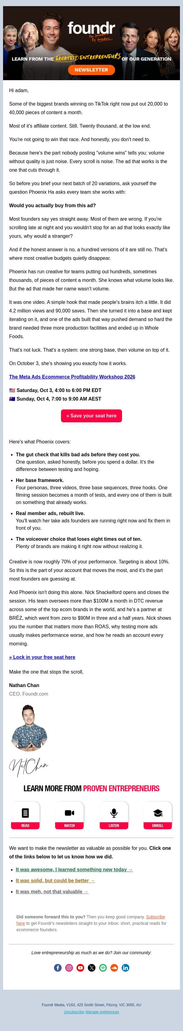Would you actually buy from your own ad? email from Foundr screenshot