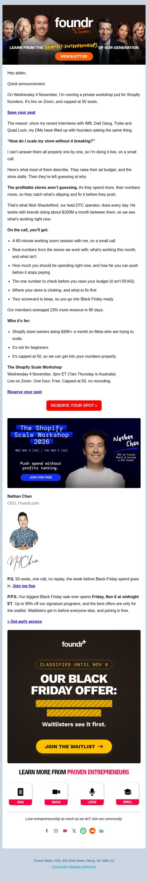 new: private workshop for shopify founders email from Foundr screenshot